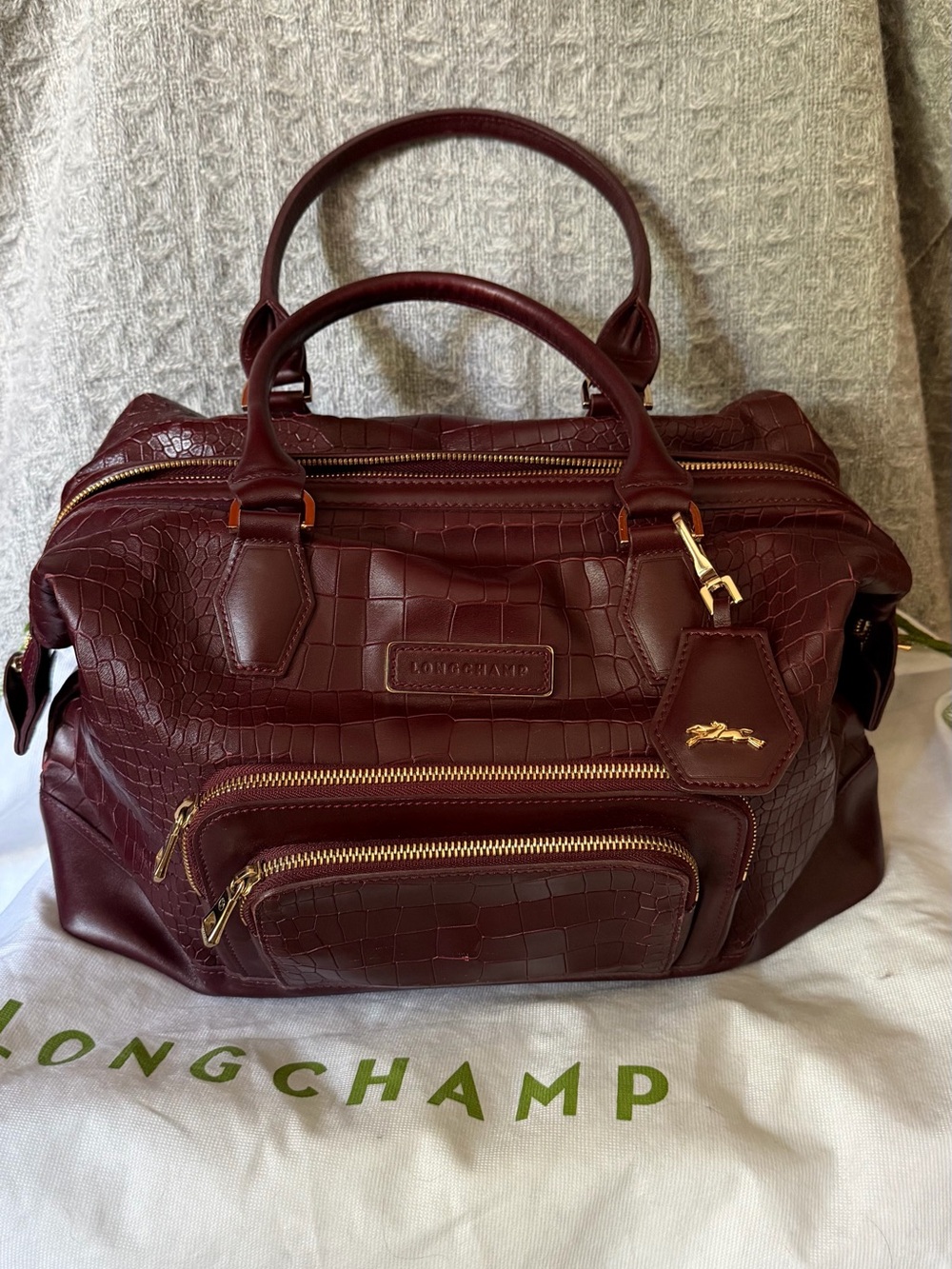 Longchamp Deep Burgundy Croc-Embossed Leather Duffel Bag